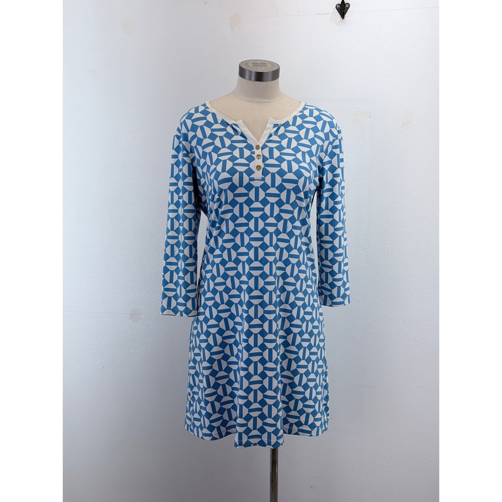 Melly M Shift Dress Blue White Geometric Henley 3/4 Sleeve Size S Coastal